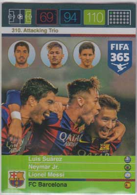 Attacking Trio, 2015-16 Adrenalyn FIFA 365 #310 Luis Suarez / Neymar Jr. / Lionel Messi