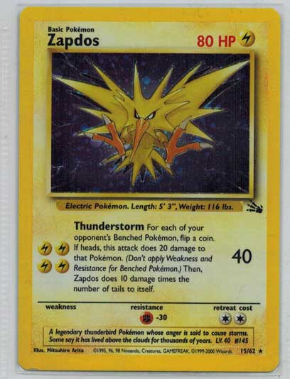 Pokémon, Fossil, Zapdos - 15/62 - Holo Rare - Slightly Played