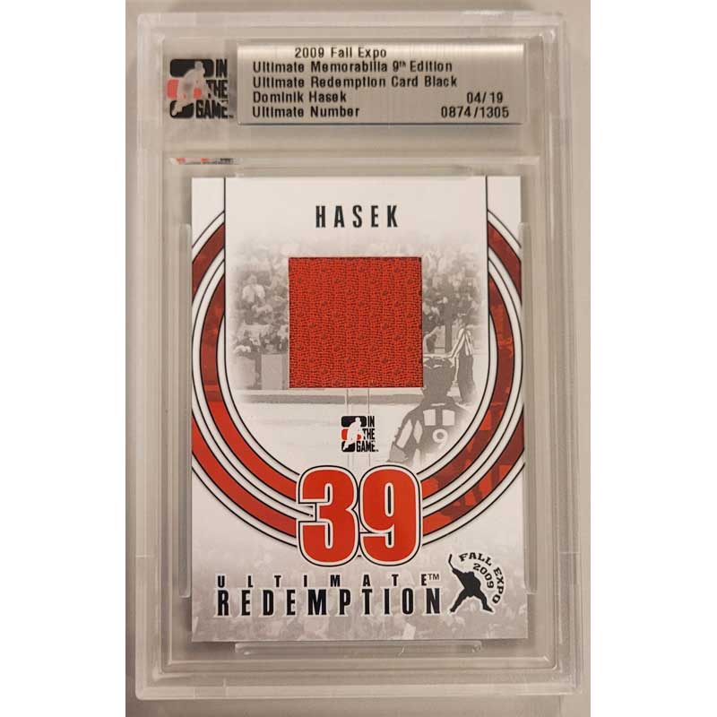 Dominik Hasek 2009 ITG Ultimate Memorabilia Fall Expo Redemption Card Black 04/19 [Says Detroit jersey on the back]