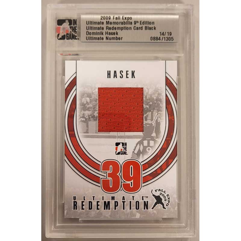 Dominik Hasek 2009 ITG Ultimate Memorabilia Fall Expo Redemption Card Black 14/19 [Says Detroit jersey on the back]