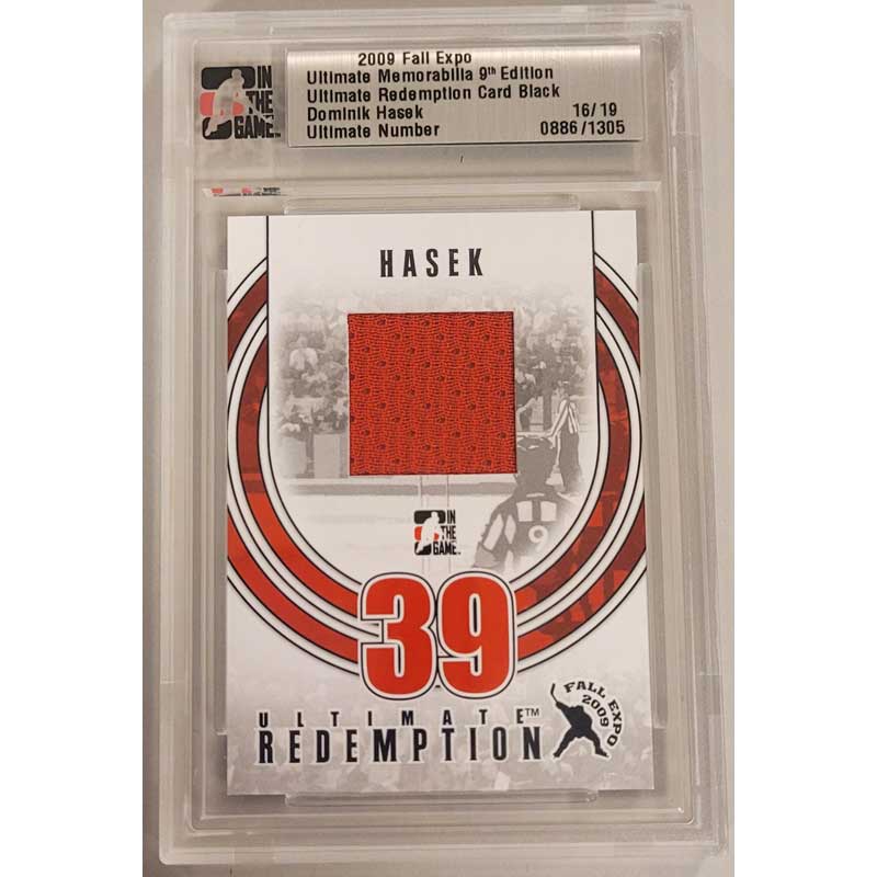 Dominik Hasek 2009 ITG Ultimate Memorabilia Fall Expo Redemption Card Black 16/19 [Says Detroit jersey on the back]