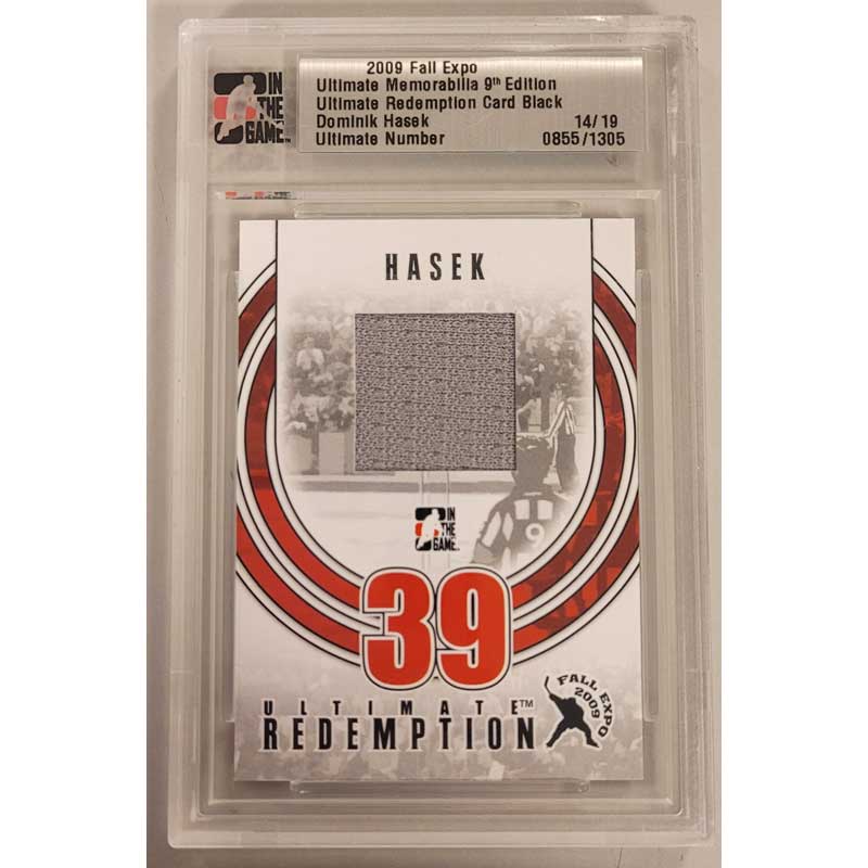 Dominik Hasek 2009 ITG Ultimate Memorabilia Fall Expo Redemption Card Black 14/19 [Says Buffalo jersey on the back]