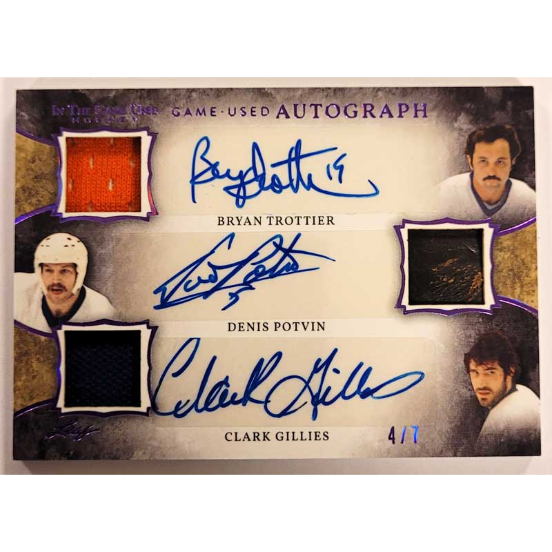 Bryan Trottier/Denis Potvin/Clark Gillies 2020-21 ITG Used Triple Memorabilia Autographs Purple #GUTA01 /7