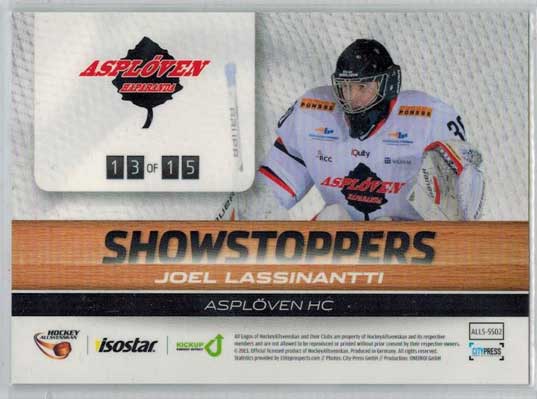 SHOWSTOPPERS PARALLEL, 2013-14 HockeyAllsvenskan #HA-SS02 Joel Lassinantti 13/15 ASPLÖVEN HC
