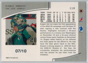 Evgeni Nabokov 2003-04 BAP Memorabilia Emerald #11 07/10