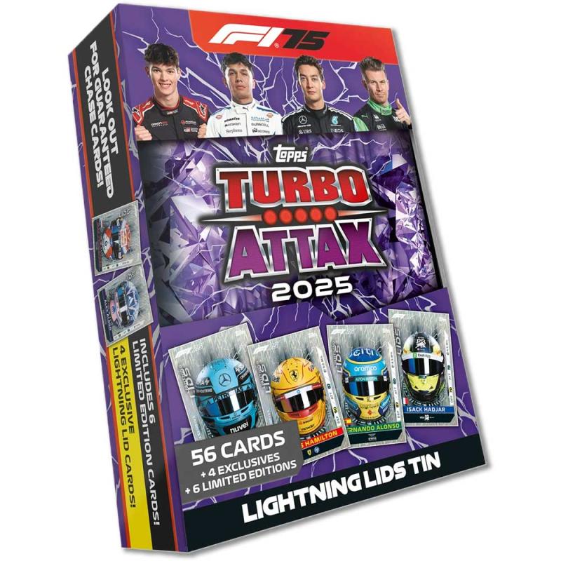 1 Mega Tin, Topps Turbo Attax 2025 Formula 1 Trading Card Game - Lightning Tin (Purple)