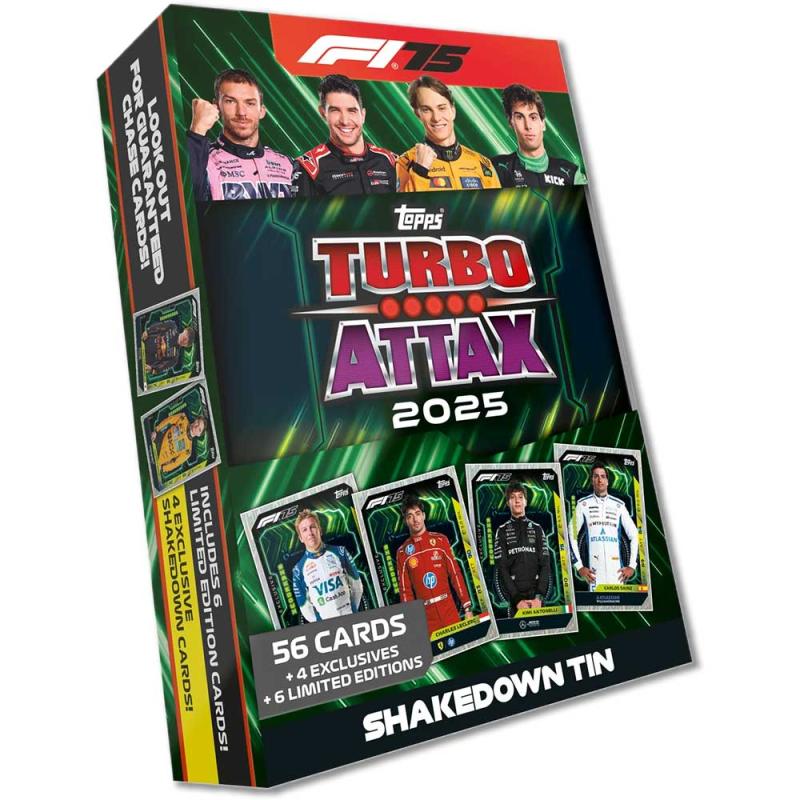 1 Mega Tin, Topps Turbo Attax 2025 Formula 1 Trading Card Game - Shakedown Tin (Green)