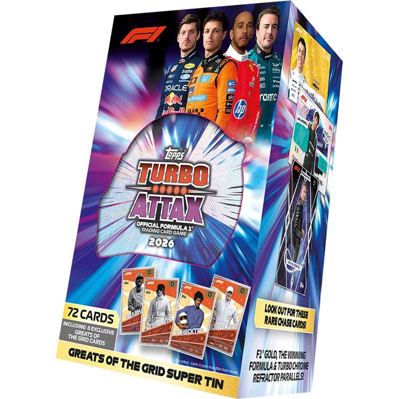 1 SUPER Tin, Topps Turbo Attax 2026 Formula 1 Trading Card Game - GREATS of the grid (Blue)
