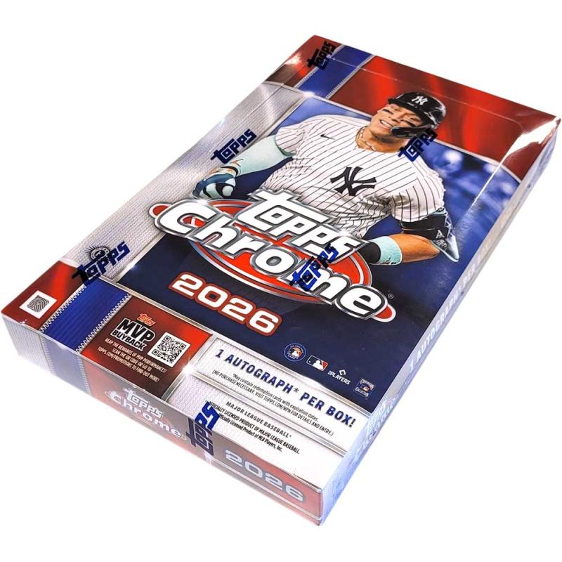 FÖRKÖP: Hel Box 2026 Topps Chrome Baseball MLB Hobby (20 Paket) (Preliminär release 22 juli 2026)