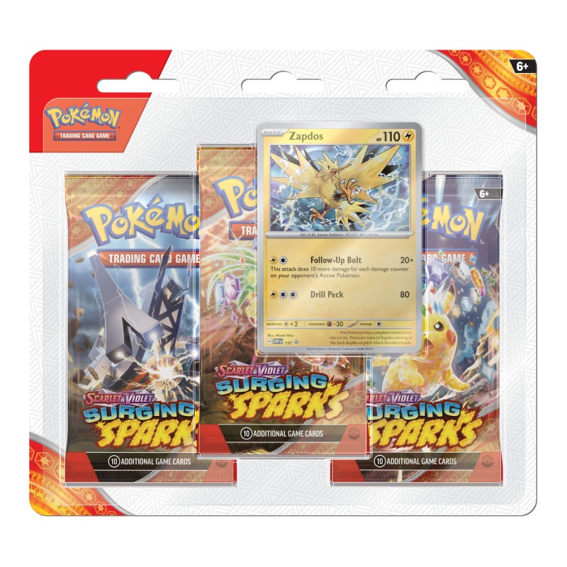 FÖRKÖP: Pokémon, SV8: Surging Sparks, Three Pack Blister: Zapdos (Preliminär early sales release 4:e november 2024)