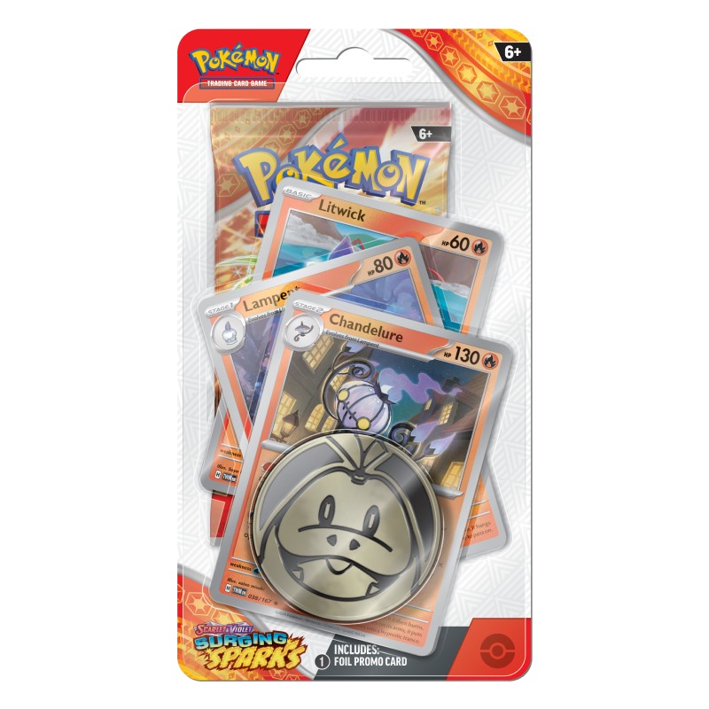 FÖRKÖP: Pokémon, SV8: Surging Sparks, PREMIUM Checklane Blister Pack: Chandelure (Preliminär release 8:e november 2024)