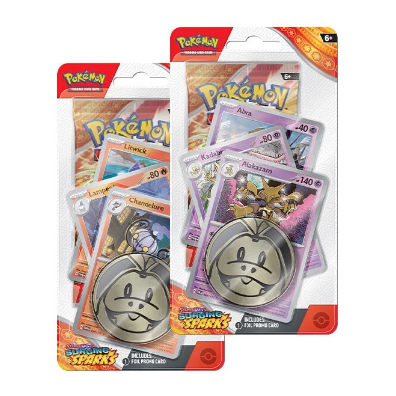 PRE-BUY: Pokémon, SV8: Surging Sparks, PREMIUM Checklane Blister Pack x 2 (Chandelure + Alakazam) (Preliminary release November 8:th 2024)