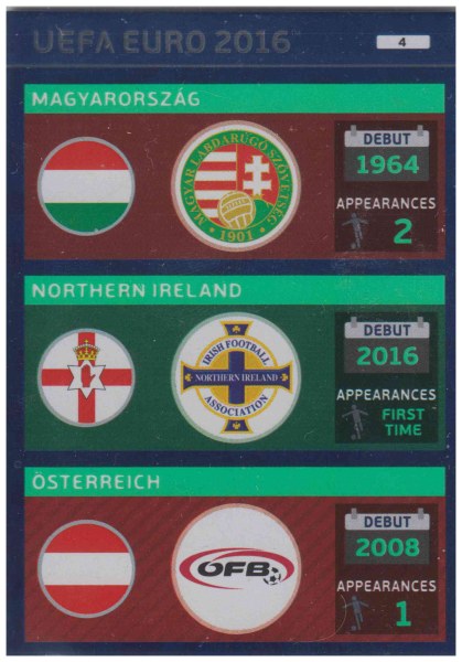 Adrenalyn XL UEFA Euro 2016, Teams, #4, Magyarorszag / Northern Ireland / Österreich