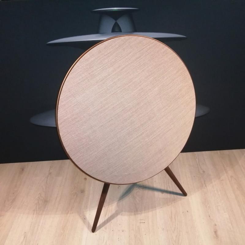 Beoplay A9 (4th Gen) Brass Tone,  feet in Smoked Oak, with Google Voice Assistant