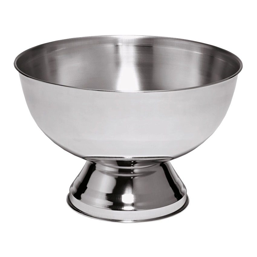 Champagnekylare 34 diameter cm av rostfritt stål som är på en fot.