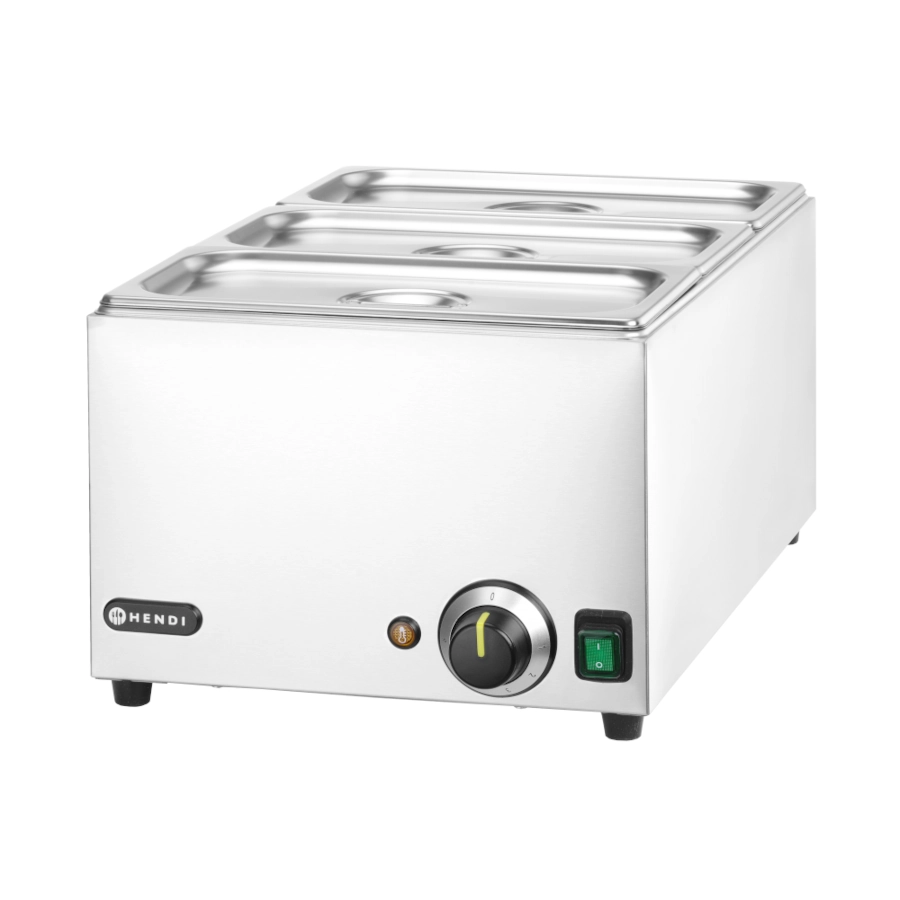 Kitchen Line Bain-Marie vattenbad från Hendi med GN 1/1 storlek som levereras med 3 st GN 1/3 kantiner och lock.