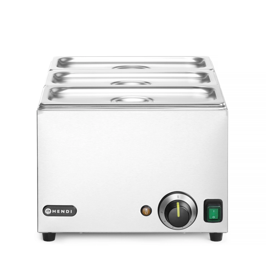 Kitchen Line Bain-Marie vattenbad från Hendi med GN 1/1 storlek som levereras med 3 st GN 1/3 kantiner och lock.