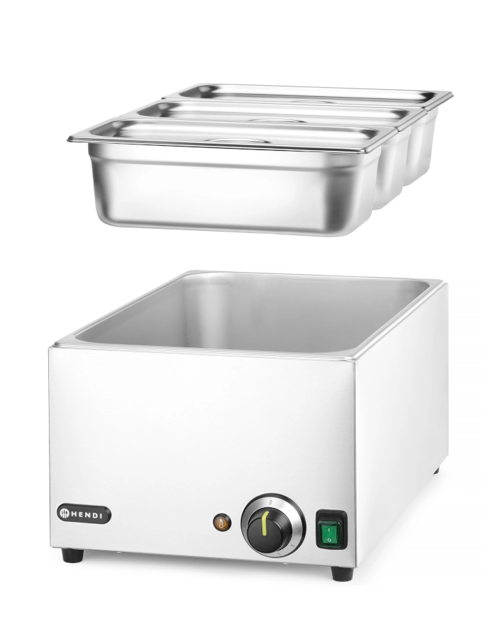 Kitchen Line Bain-Marie vattenbad från Hendi med GN 1/1 storlek som levereras med 3 st GN 1/3 kantiner och lock.