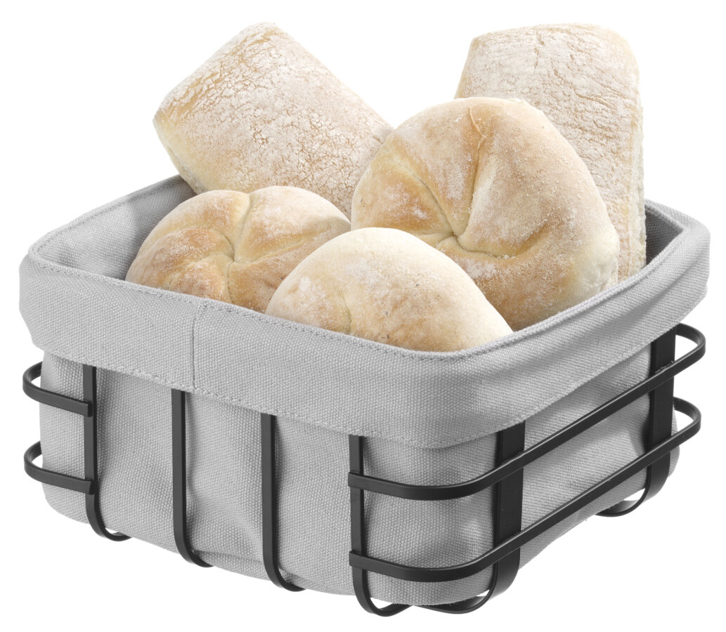 Brödkorg, 19x19 cm, matt svart, grå påse