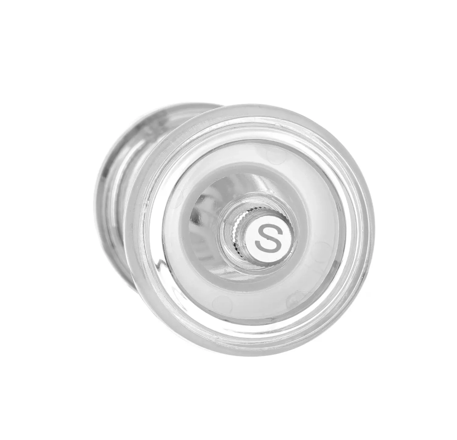 Saltvarn i transparent akryl från Hendi och närbild på knoppen.