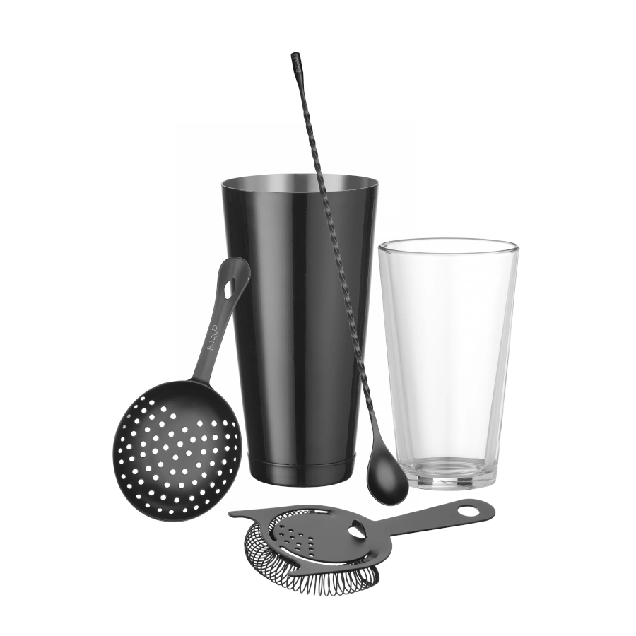 Boston shaker från BarUp som rymmer 80 cl i svart med flera barredskap.