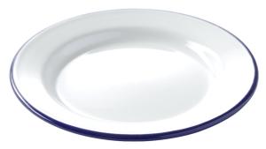 Tallrik, emalj, flat, 20 diameter cm, vit med blå kant