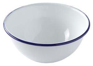 Skål, emalj, 16 diameter cm, vit med blå kant