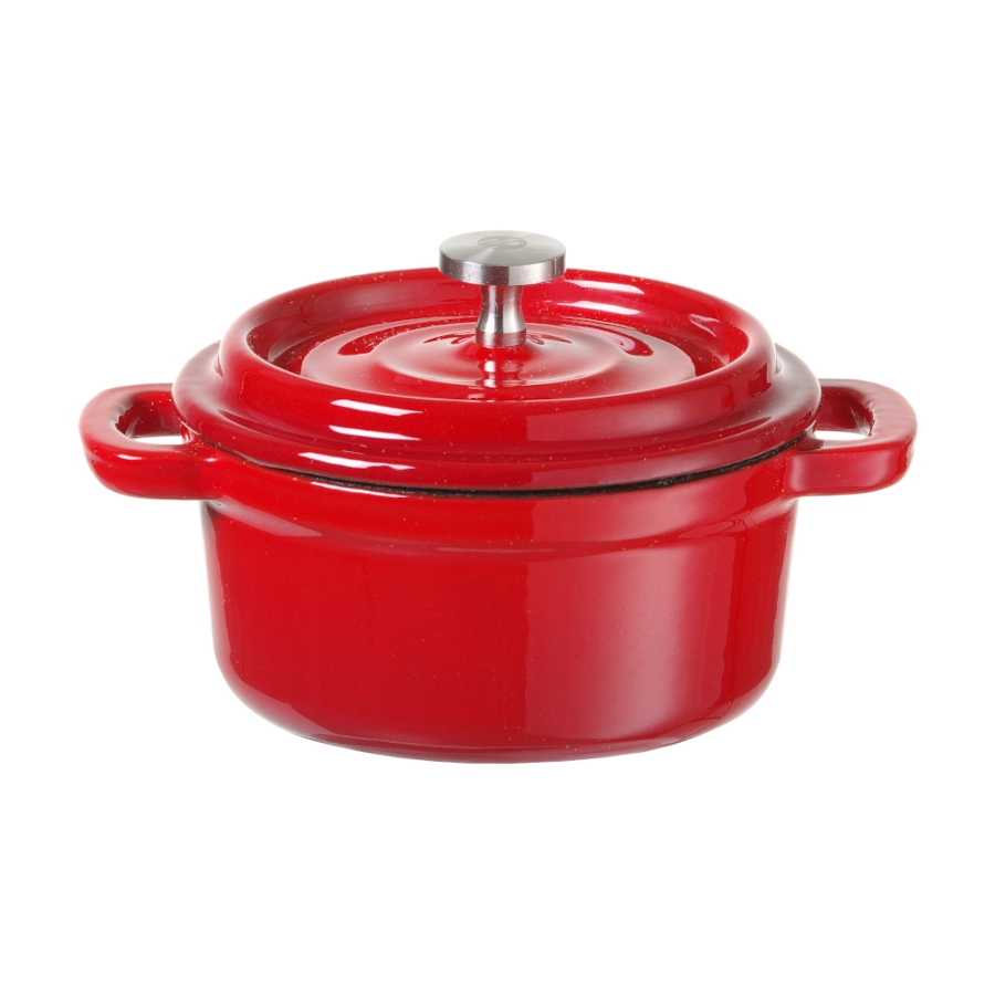 Gjutjärnsgryta 9 diameter cm från Hendi som är röd och rymmer 0,27 liter.