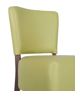 Trent barstol från Global i lime grönt konstläder med närbild på sits och rygg.