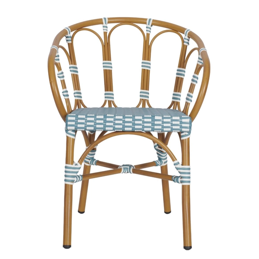 Bordeaux karmstol från Global i rottinglack med blå/vit flätning.