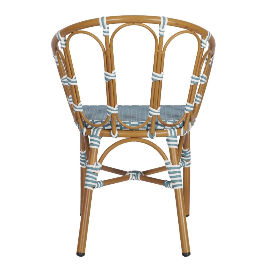 Bordeaux karmstol från Global i rottinglack med blå/vit flätning.