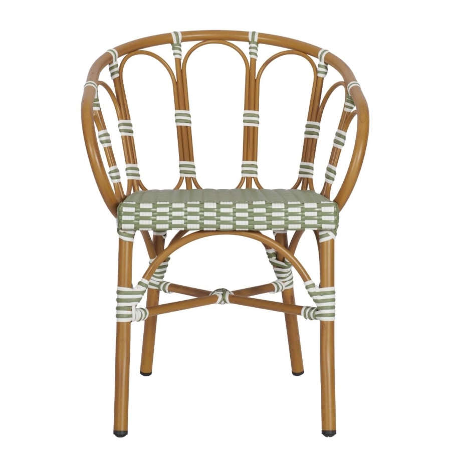 Bordeaux karmstol från Global i rottinglack med grön/vit flätning.