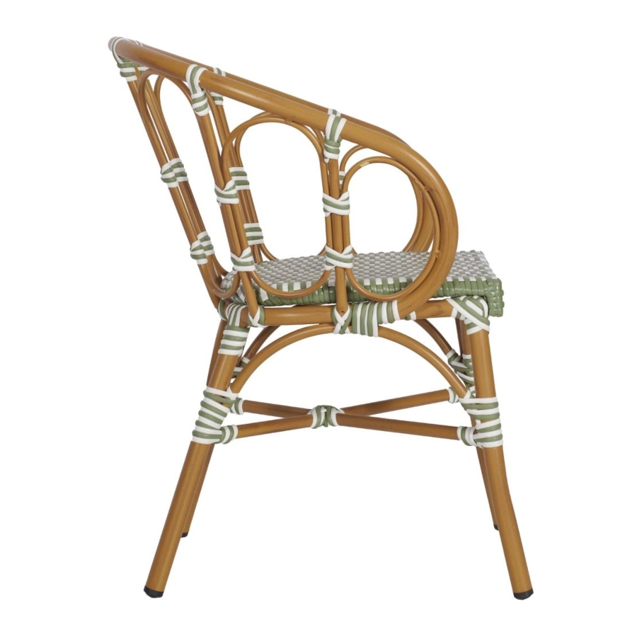 Bordeaux karmstol från Global i rottinglack med grön/vit flätning.