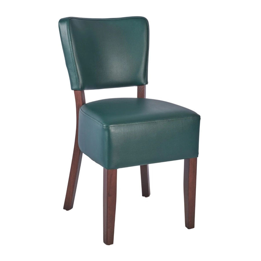 Trent stol från Global i valnötsbets och moss grön konstläder.