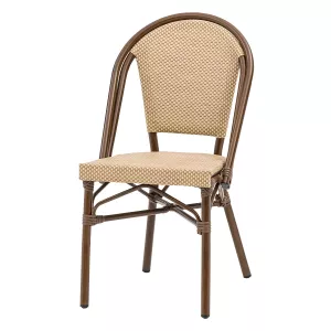 Menton stol från Xirbi som är stapelbar och brun med brun/natur textilene.