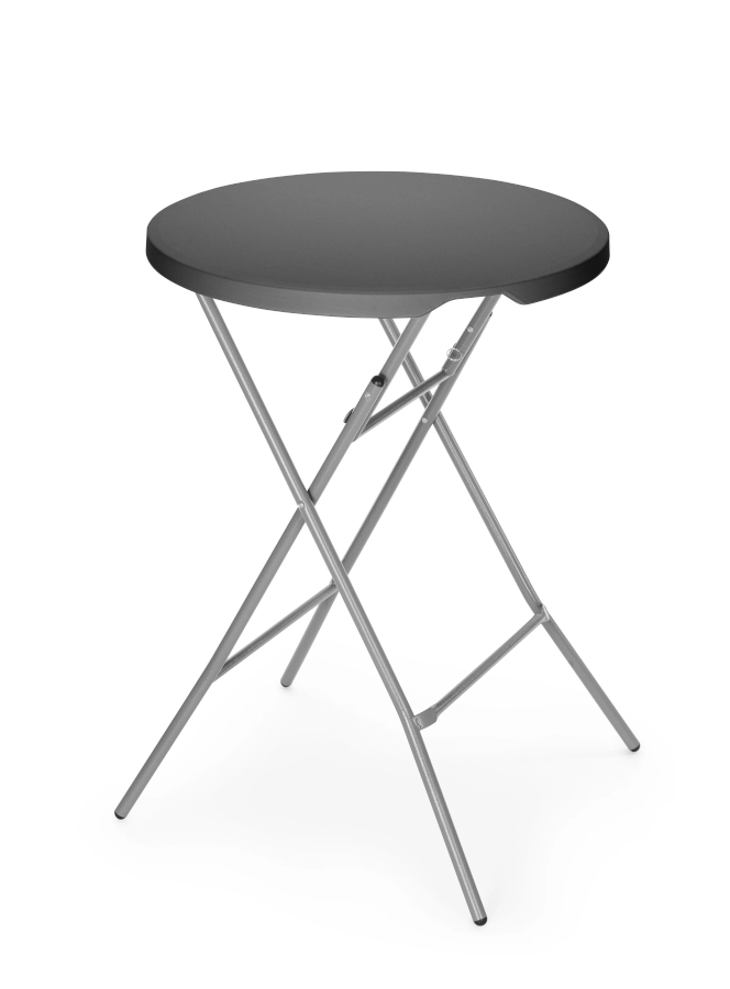 Fällbart barbord 80 diameter cm med svart bordsskiva och grå stativ från AmerBox.