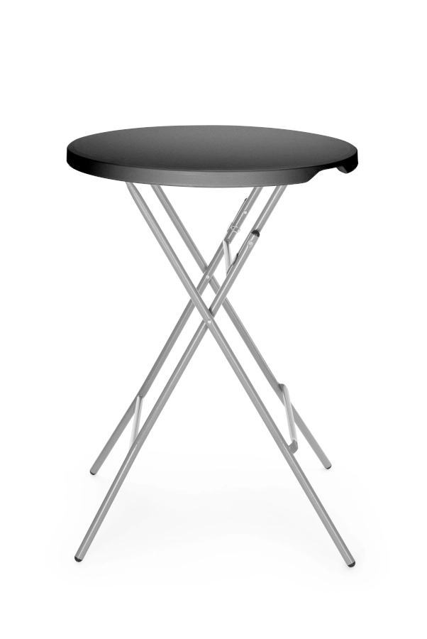 Fällbart barbord 80 diameter cm med svart bordsskiva och grå stativ från AmerBox.