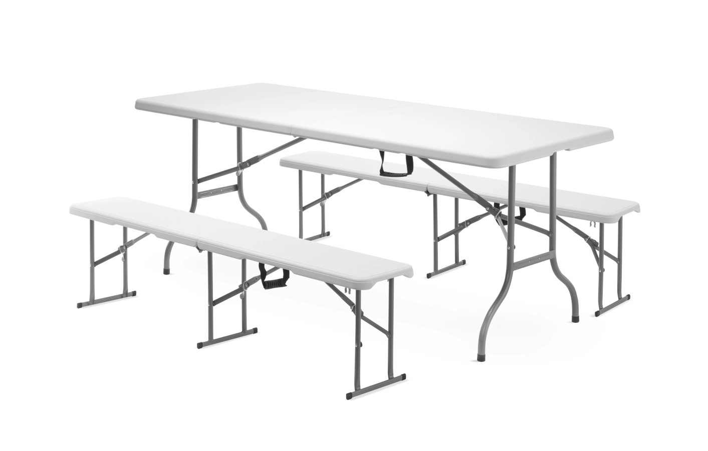 Vikbara fällbänkar ihop med fällbord från Hendi.