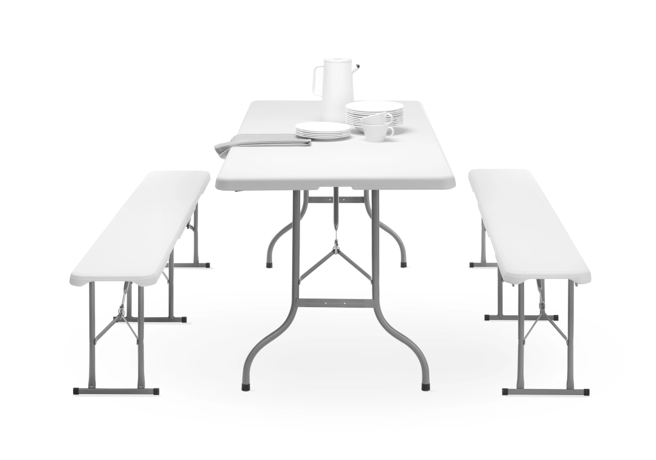 Vikbara fällbänkar ihop med fällbord från Hendi.