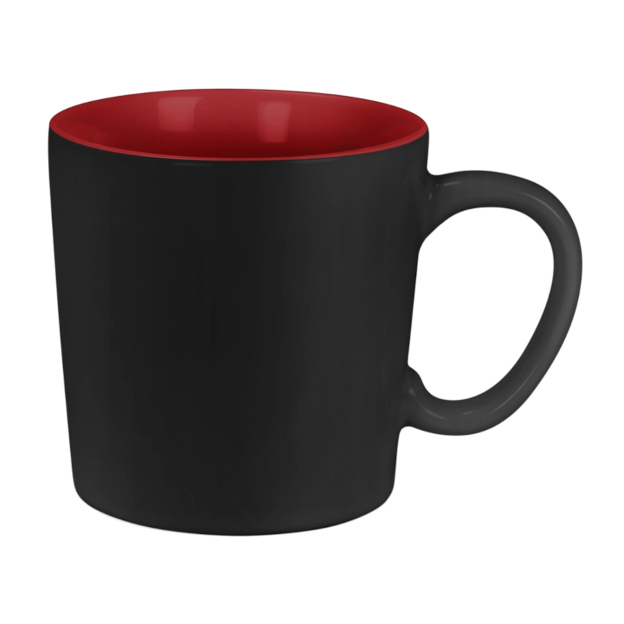 Aurora mugg 25 cl av stengods med svart utsida och röd insida.