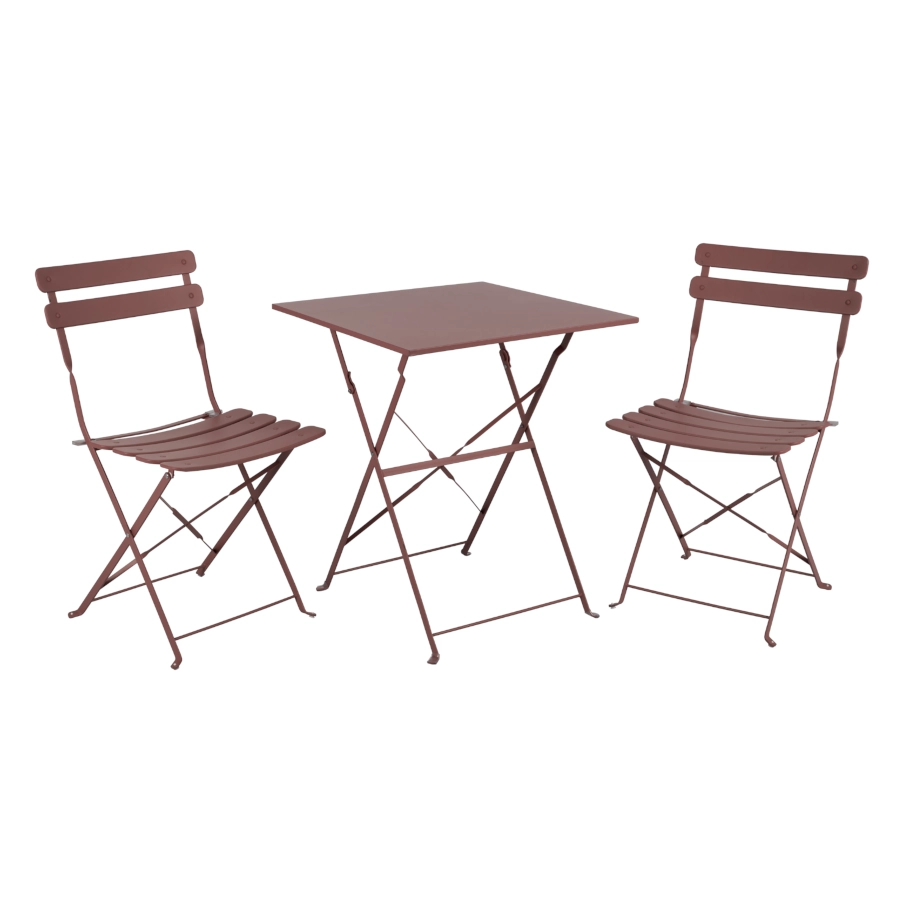 Ponte set från Brafab i masala rött med 2 fällbara stolar och 1 fällbart bord.
