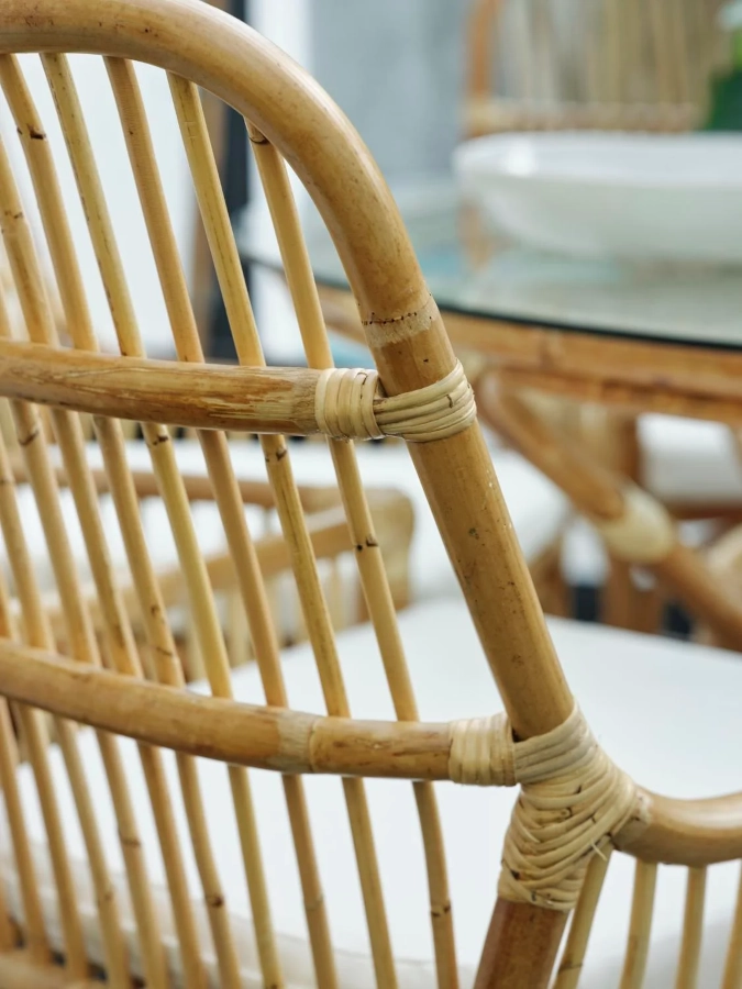 Vallda matstol med dyna från Brafab och närbild på ryggen.