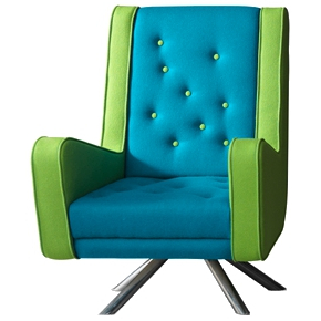 Gulp fåtölj grön/blå ulltyg mässexemplar