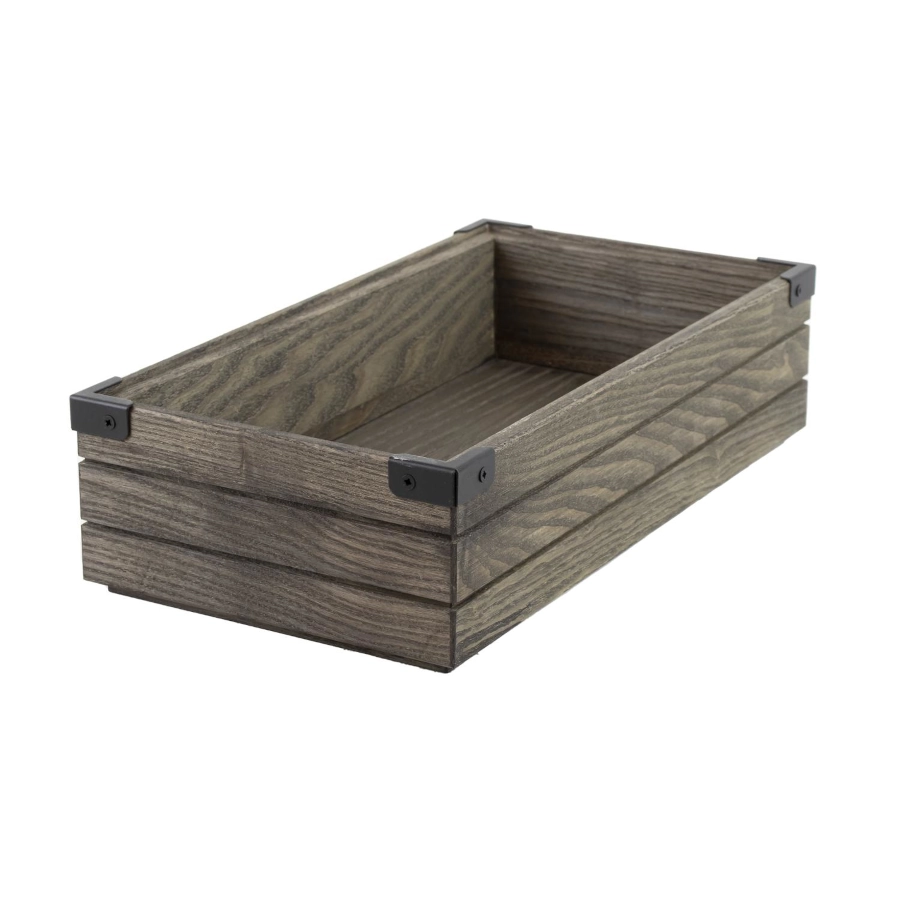 Stapelbar trälåda från Select Concept i GN 1/3 storlek med höjd 8,5 cm och brun med svarta metal hörn.