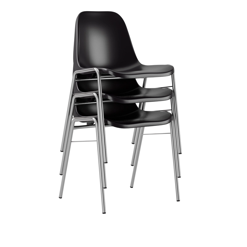 Bella stolar från Elj med svart sittskal och kromat stativ som är staplade.