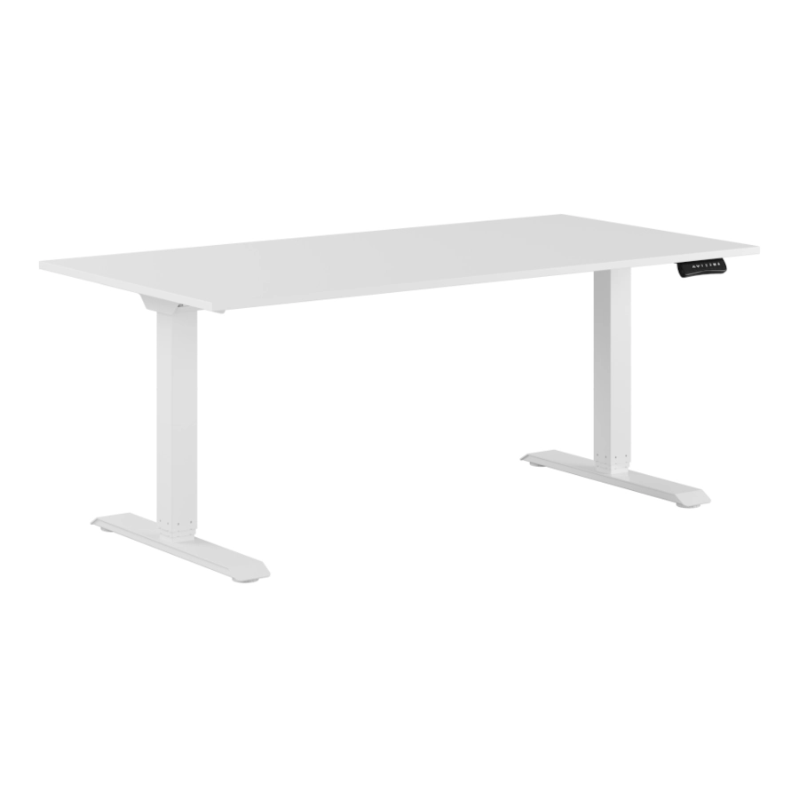 Up & Down Premium skrivbordsstativ i vitt från Elj med 2 motorer och vit bordsskiva.