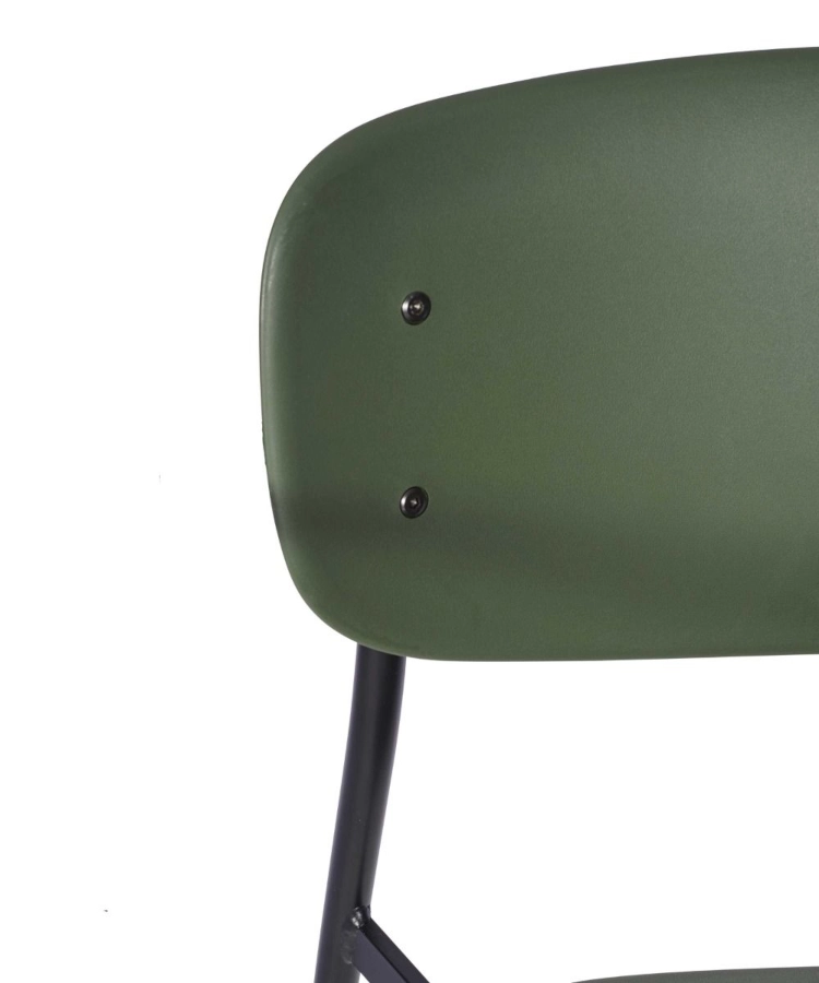 Greenwich barstol från Global i svart/mörkgrönt och närbild på rygg.