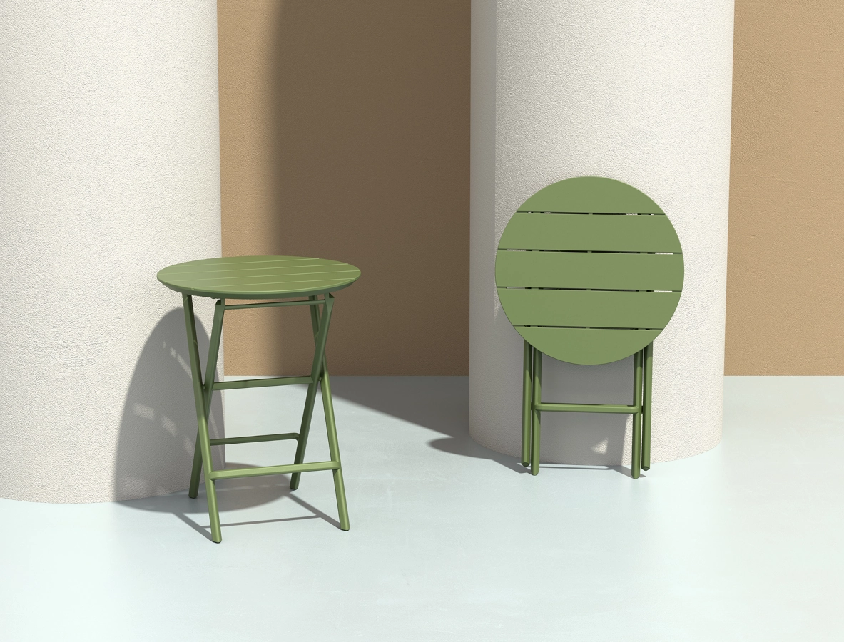 Helen fällbord 60 diameter cm från Siesta i olivgrönt och i en miljö.