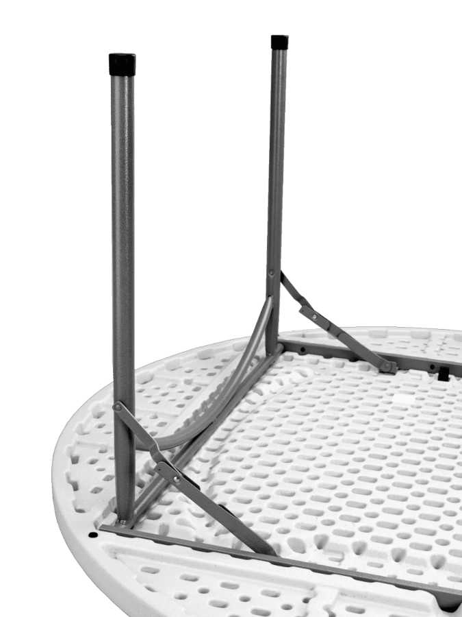 Kraus runt fällbord 160 diameter cm från Resol och närbild på konstruktion.