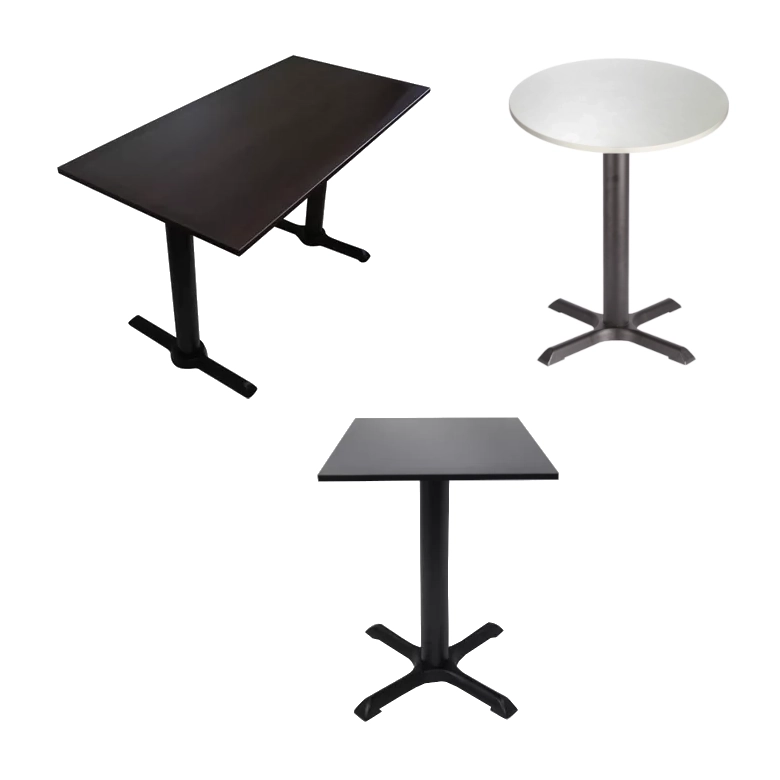 Lia restaurangbord med rektangulär, rund och fyrkantig bordsskiva.